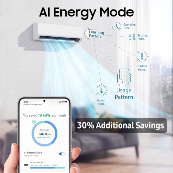 Samsung 1.5 Ton 3 Star AI Inverter Smart Split AC - WiFi, Energy Saving, Voice Control - Image 4